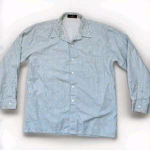 Montagut Paris Blue White Stripe Floral Button Up Shirt Oversized Women Sz M EUC